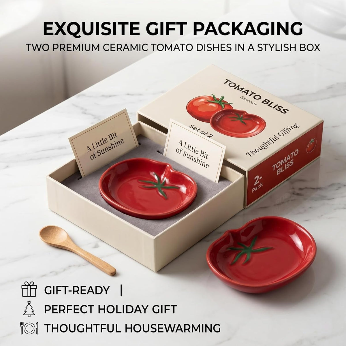 2 Pack Small Ceramic Tomato Pinch Bowls, 4.3 x 3.5 Inch - Food Shaped Spoon Rest, Tiny Condiment Dipping Sauces Dishes for Kitchen Counter, Red Vegetable Theme Decor