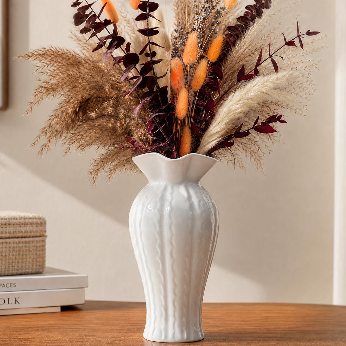 White Ceramic Vase for Flowers, 10 Inch Ruffled Vase for Home Decor Gift