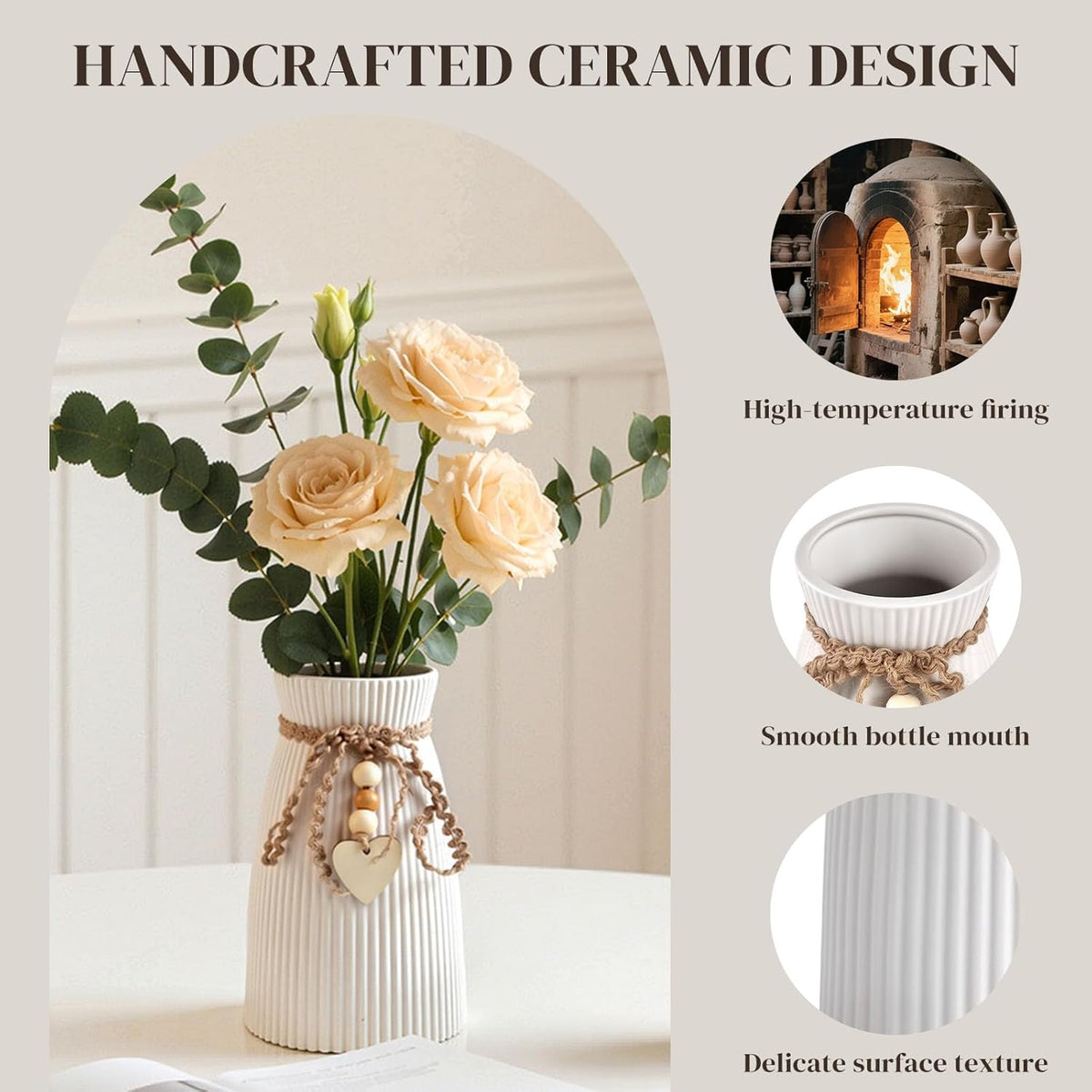 DomeStar White Ceramic Vase, 6.3" Tall Flower Vase for Pampas Grass