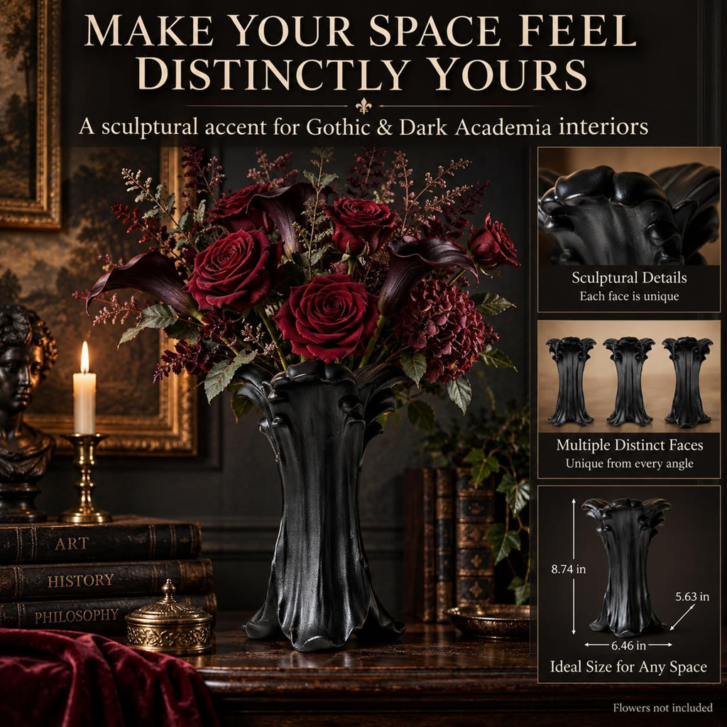 Gothic Ceramic Vase, Matte Black Flower Vase for Dark Academia Decor