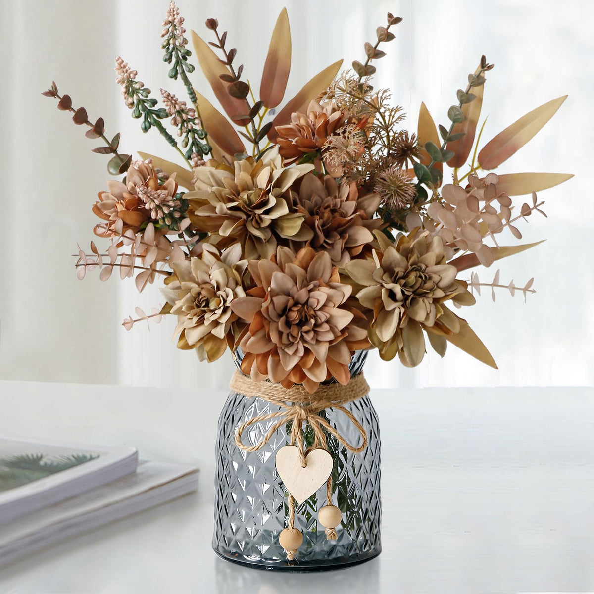 Leftover Fake Flowers with Vase,Silk Dahlia Flowers,Artificial Flowers in Vase,Centerpiece Table Decorations,Flower Centerpieces for Tables,Kitchen Table Decor,Coffee Table Decor