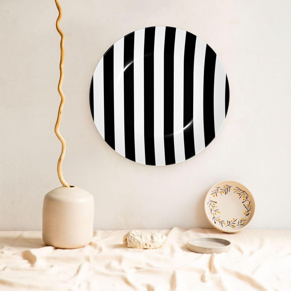 (Black & White Stripe) Bone China Decorative Plate with Stand and Hook Vintage 6in Round Ornament for Shelf Desk Wall Display Home Office Accent