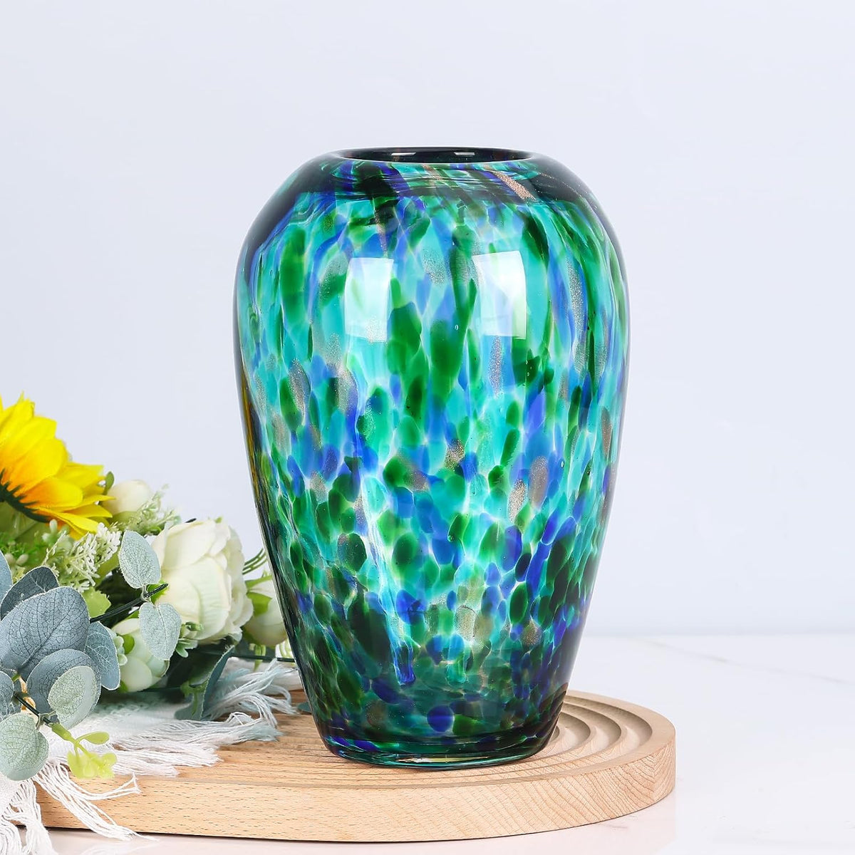 9" Tall Teal Vase Hand Blown Glass Vase, Unique Turquoise Glass Vases Modern Home Centerpieces, Wide Mouth Flower Vases for Bouquet, Living Room, Kitchen, Wedding, Dining Table Center