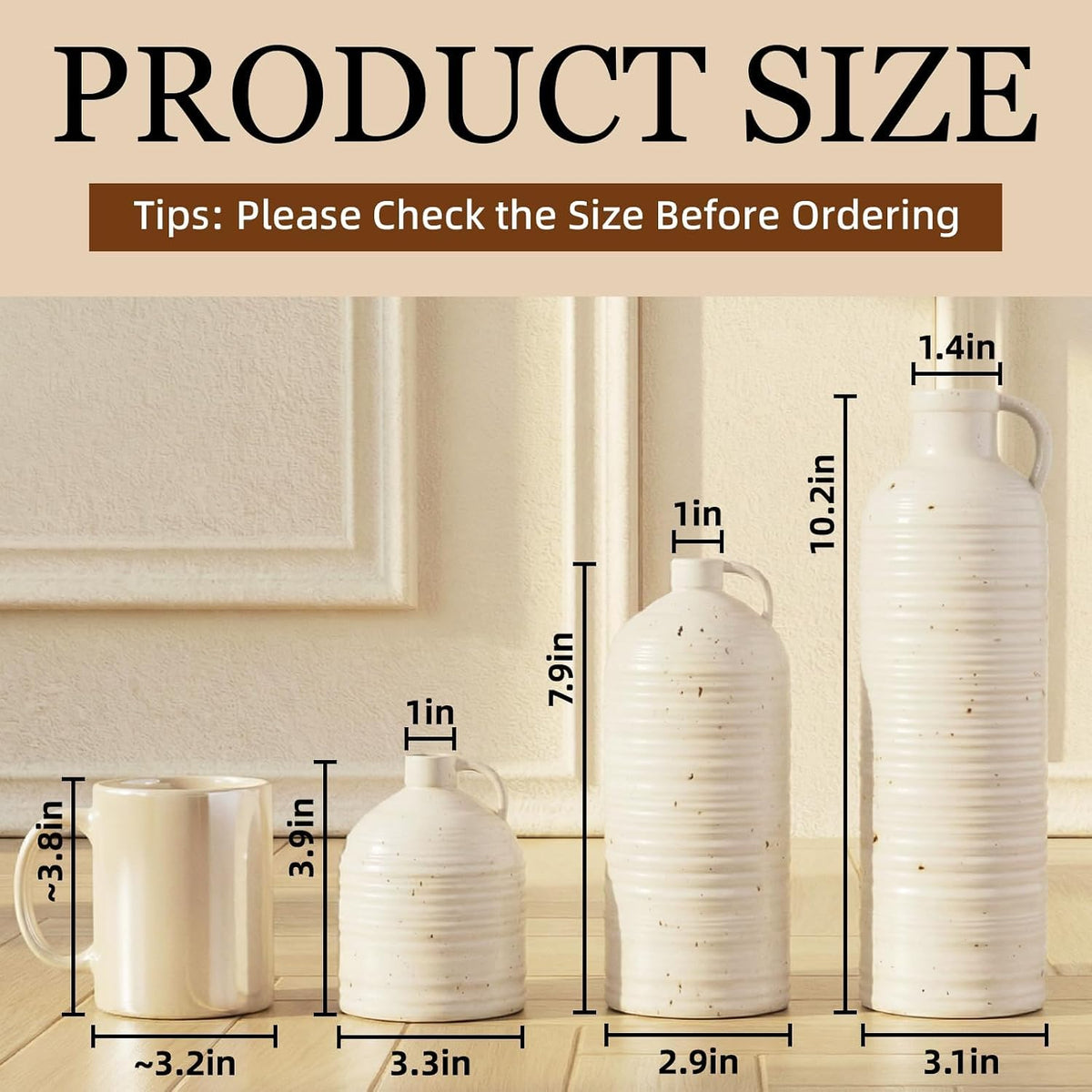 Firehold Ceramic Vase Set of 3 with Handle, Rustic Farmhouse Flower Vases