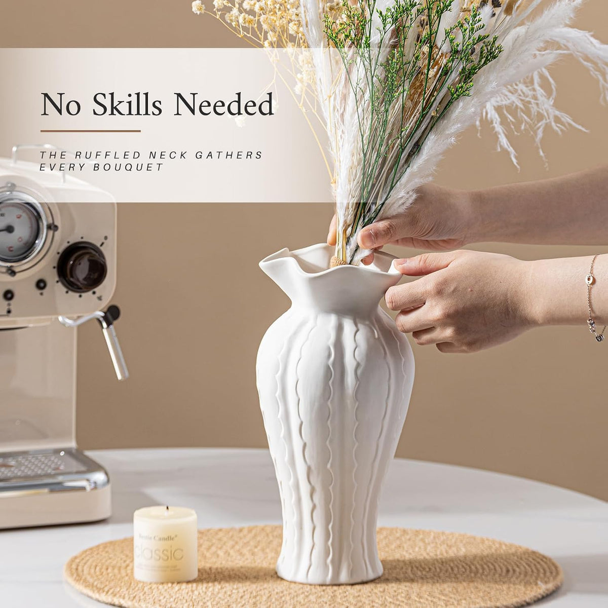 White Ceramic Vase for Flowers, 10 Inch Ruffled Vase for Home Decor Gift