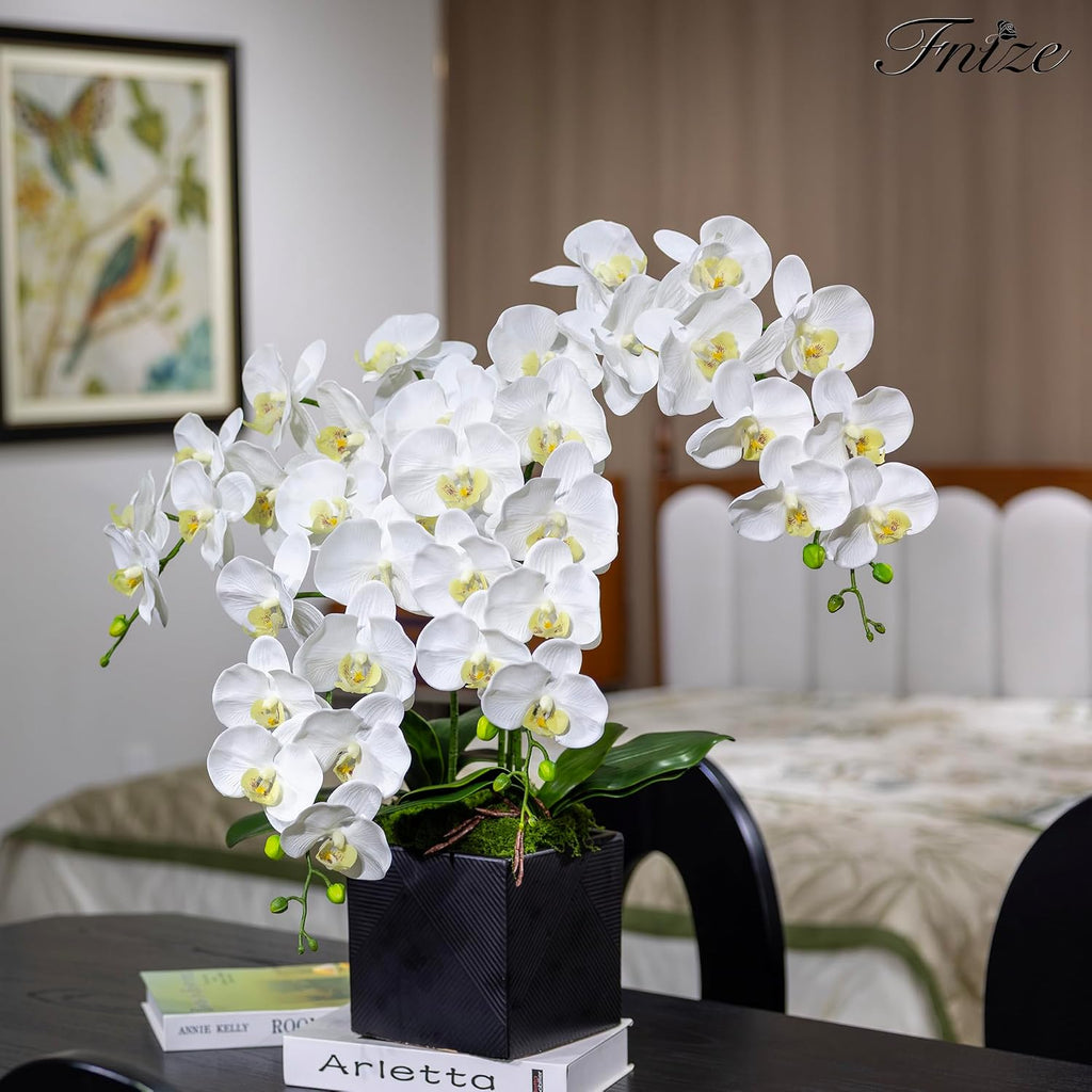 Fnize Orchid Stems Artificial Flowers Real Touch Latex White 38 Inch 2pcs
