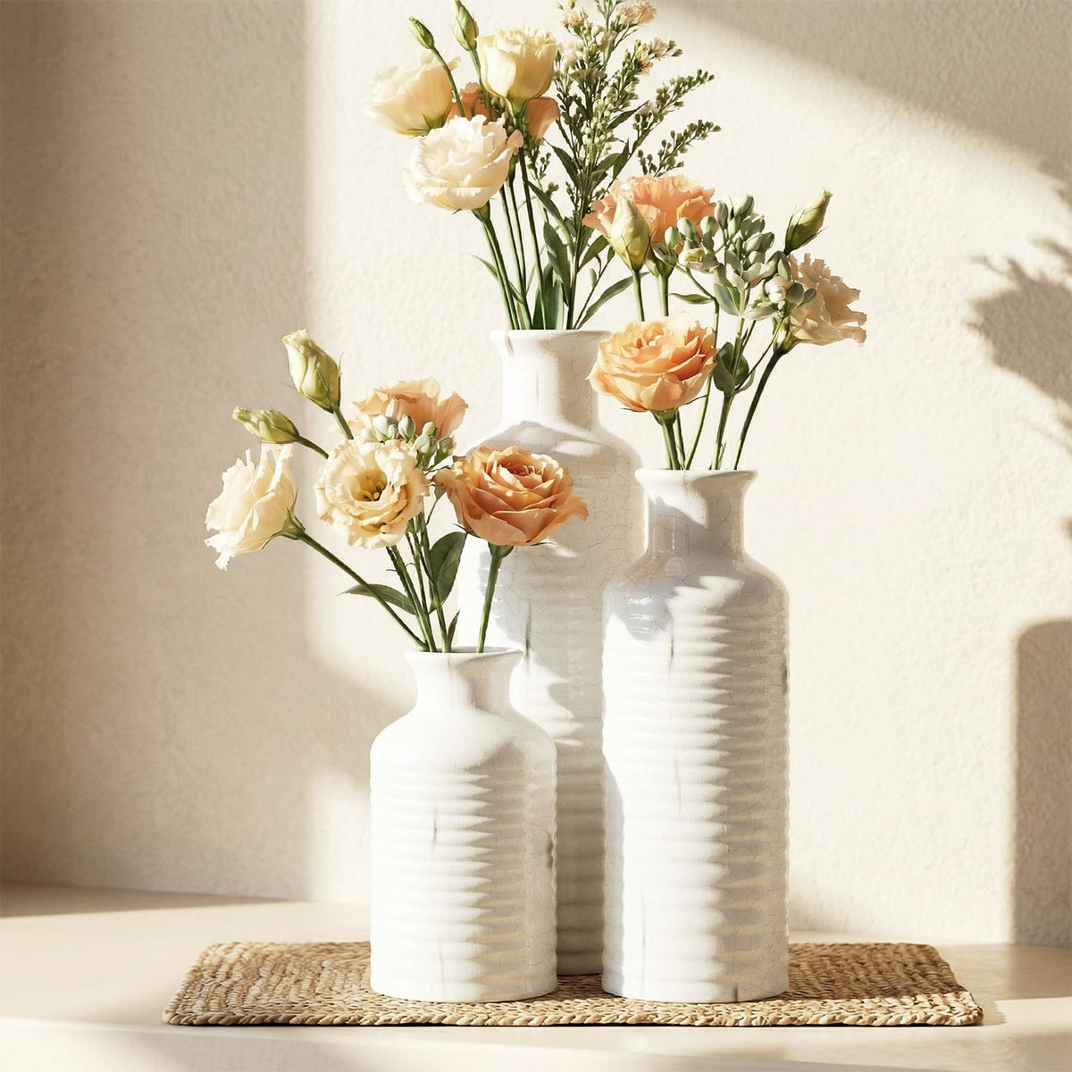 Firehold Ceramic Vase Set of 3 with Handle, Rustic Farmhouse Flower Vases