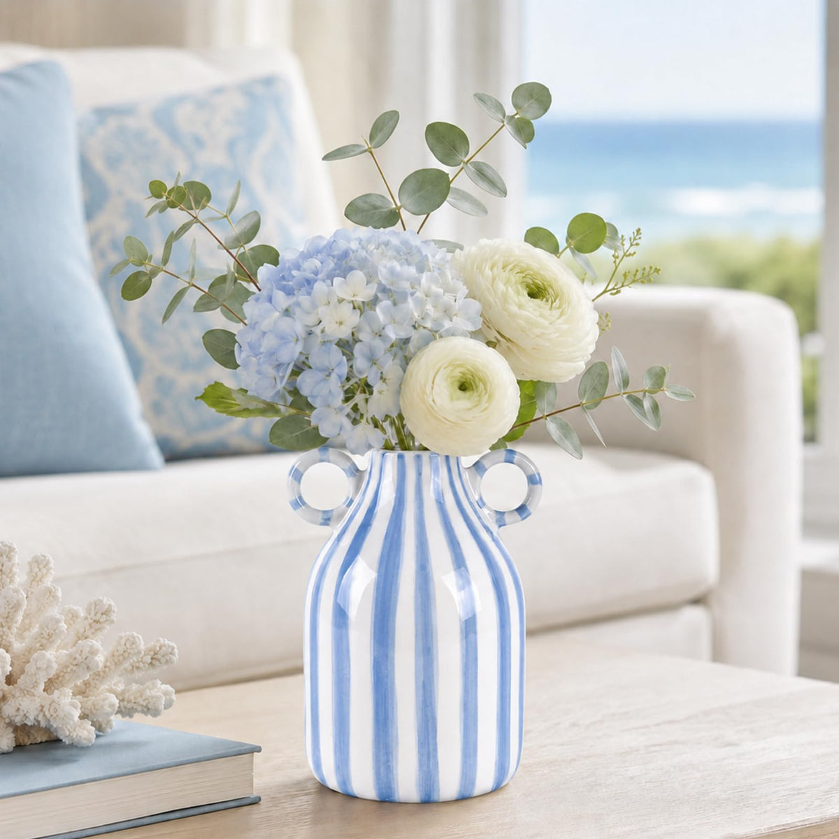 Blue and White Ceramic Vase with Handle, Nordic Boho Small Vases Side Table Flower Centerpiece, Wide Mouth Single Flower Vase Pampas Grass Decorative - for Home Window Sill Living Dining Room Kitchen