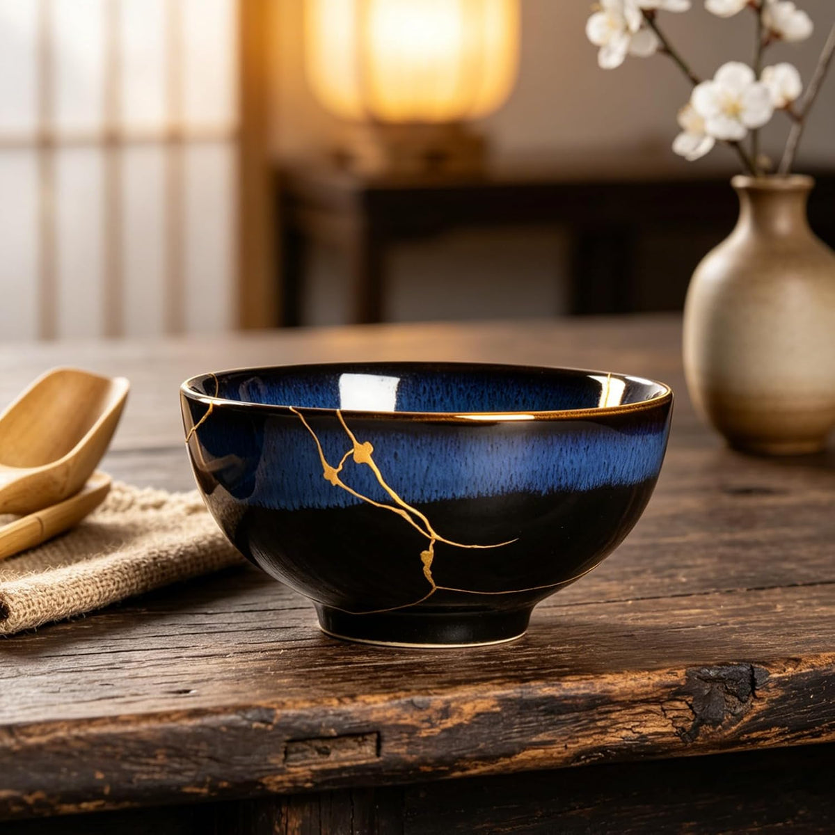 Kintsugi Bowl with 24K Gold, Handmade Blue Ceramic Wabi Sabi