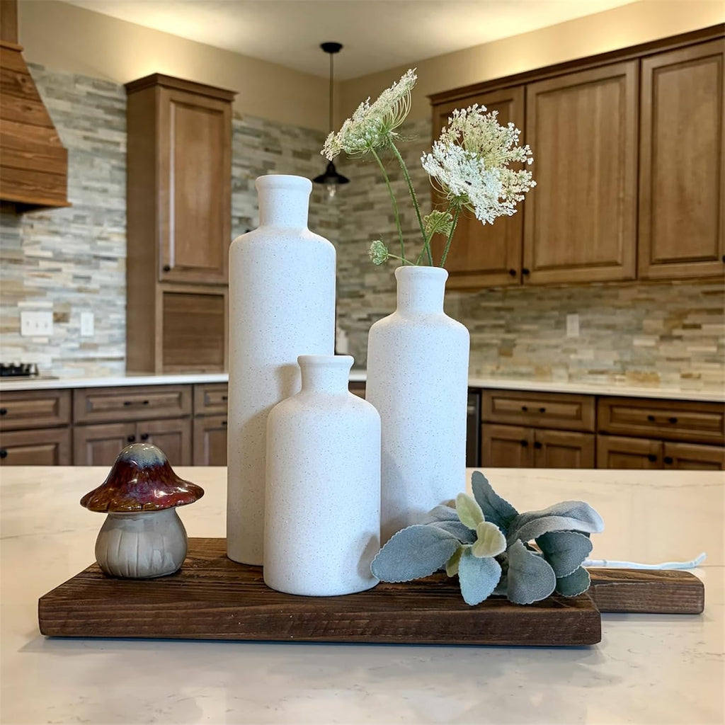 Tall Off-White Ceramic Vase Set of 3- Modern Farmhouse Decor Vases for Living Room, Coffee Table & Shelf Styling - Minimalist Neutral Decorative Flower Vases, Elegant Home Accent Gift