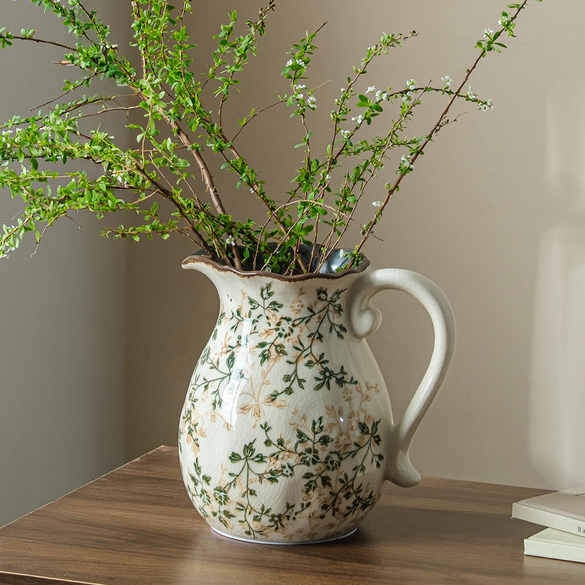 Ceramic Flower Vase for Home Decor, Vintage Green Decorative Vase 6.7 Inch