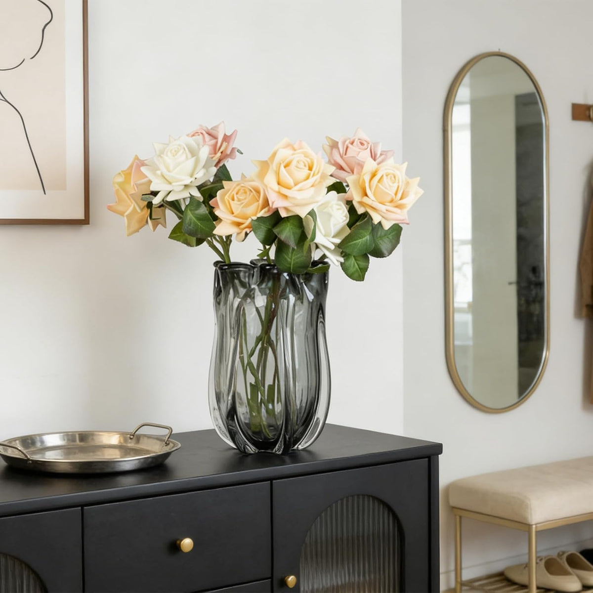 Modern Advanced Grey Black Glass Vase for Flowers, Hand Blown Art Glass Glass vase,Room Decoration and Centerpiece