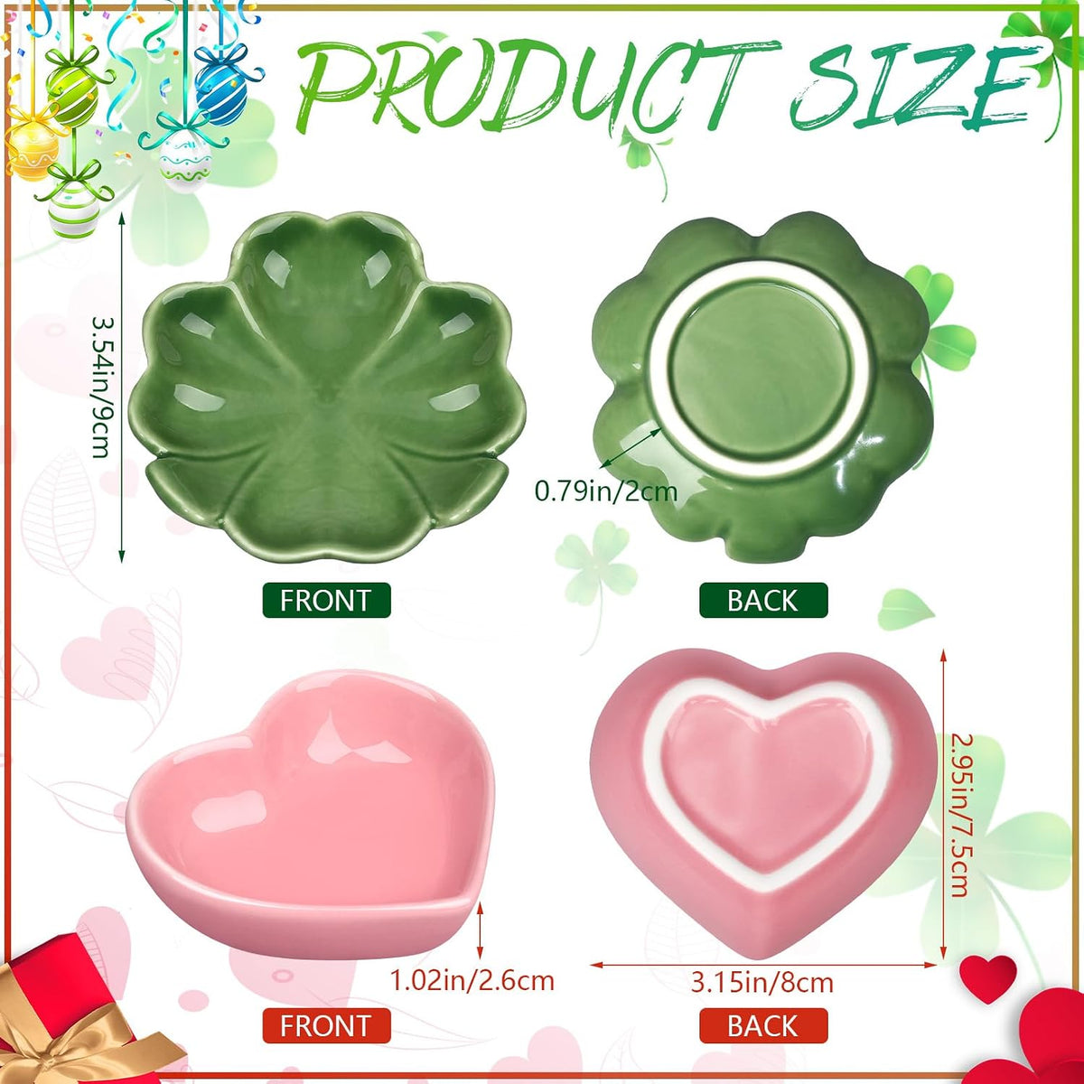 SiliFine 6 Pcs Valentine and St. Patrick's Day Ceramic Candy Dish Set Heart Shaped Bowl and Shamrock Porcelain Bowls Multipurpose Bowl for Valentine Wedding Irish Day Gift Decoration
