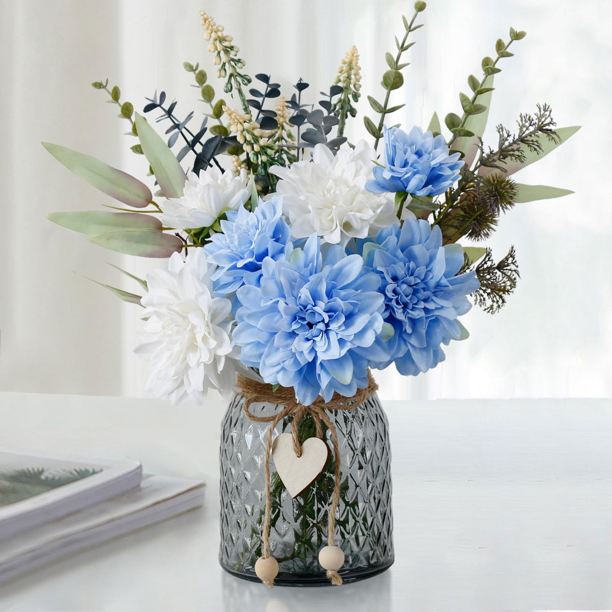 Leftover Fake Flowers with Vase,Silk Dahlia Flowers,Artificial Flowers in Vase,Centerpiece Table Decorations,Flower Centerpieces for Tables,Kitchen Table Decor,Coffee Table Decor