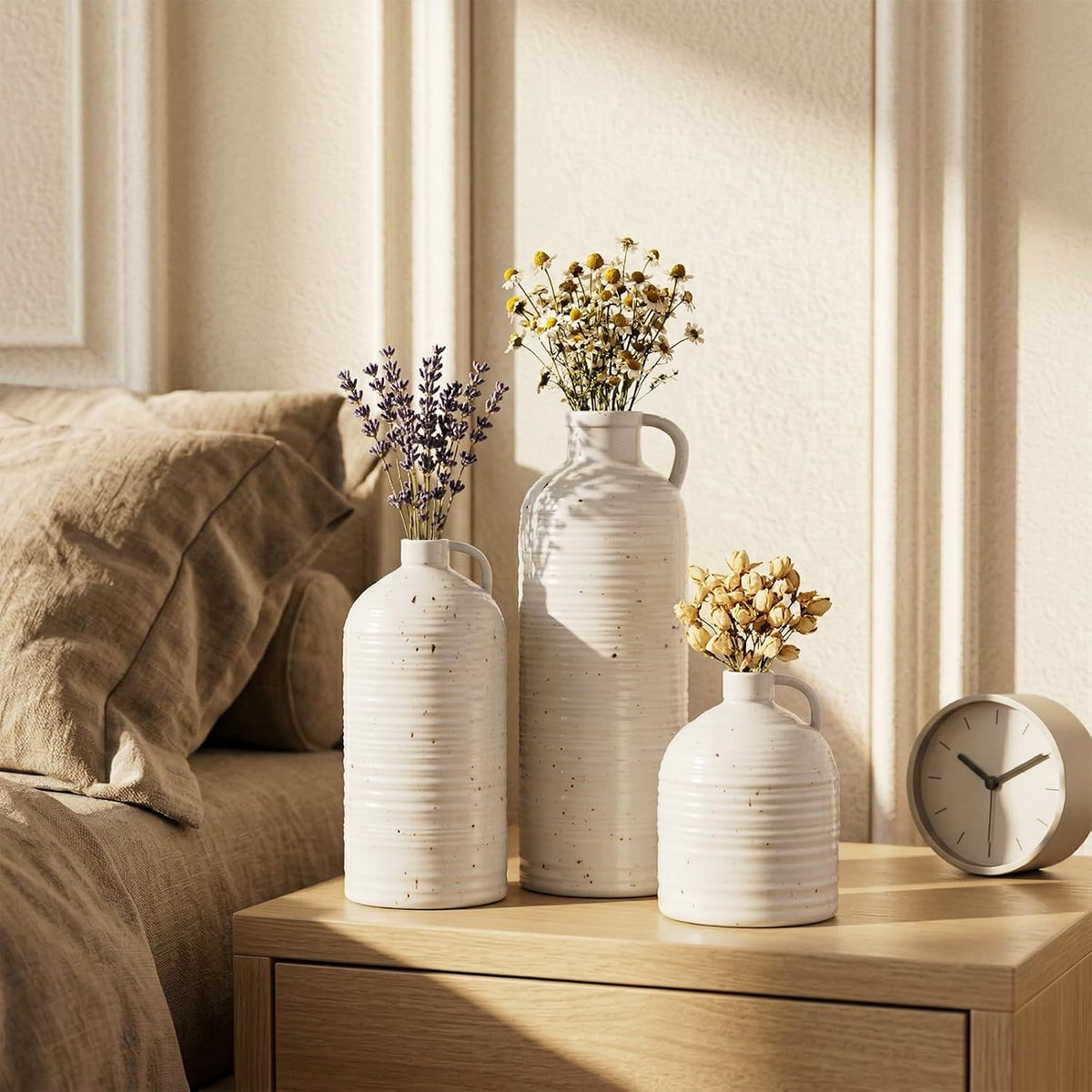 Firehold Ceramic Vase Set of 3 with Handle, Rustic Farmhouse Flower Vases