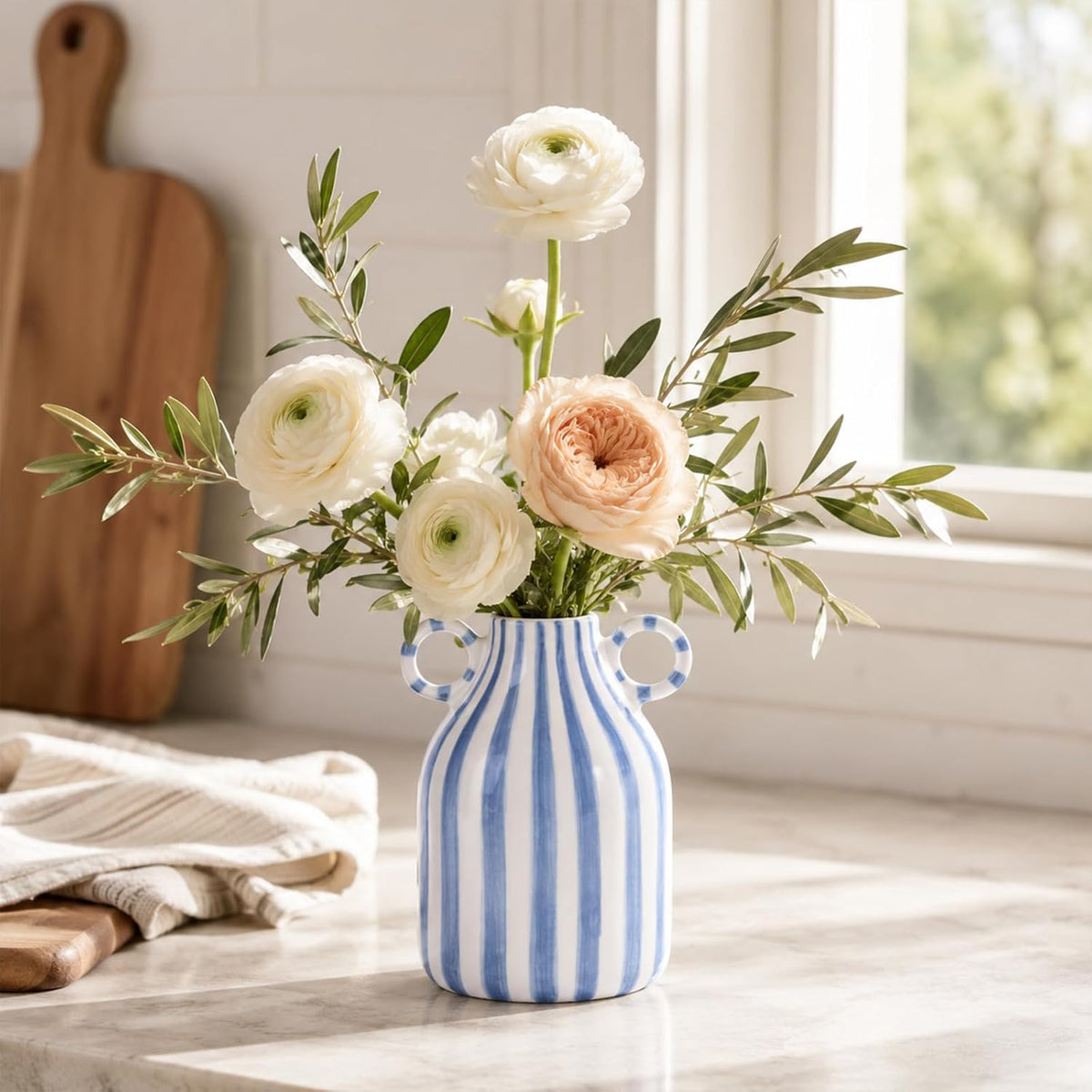 Blue and White Ceramic Vase with Handle, Nordic Boho Small Vases Side Table Flower Centerpiece, Wide Mouth Single Flower Vase Pampas Grass Decorative - for Home Window Sill Living Dining Room Kitchen