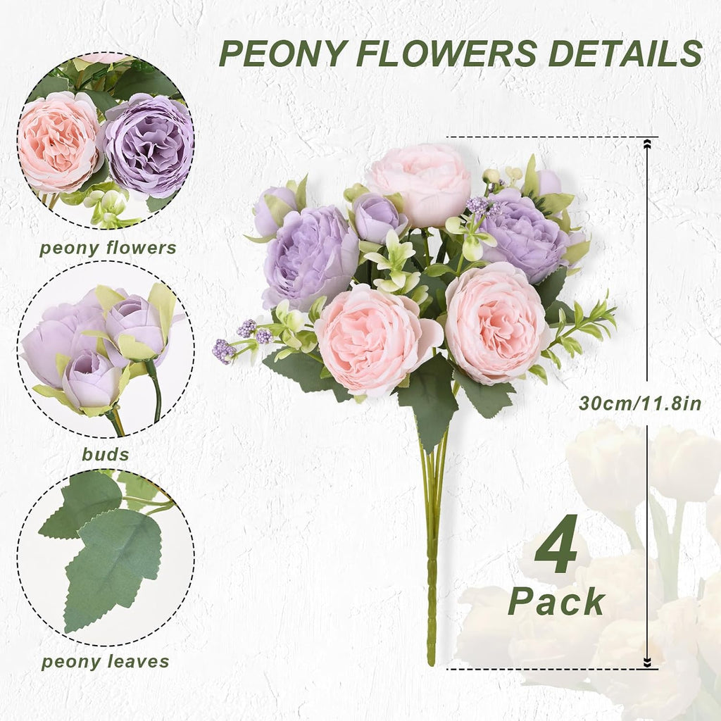 4 Packs Peonies Artificial Flowers, Pinkish-Purple Silk Artificial Peonies