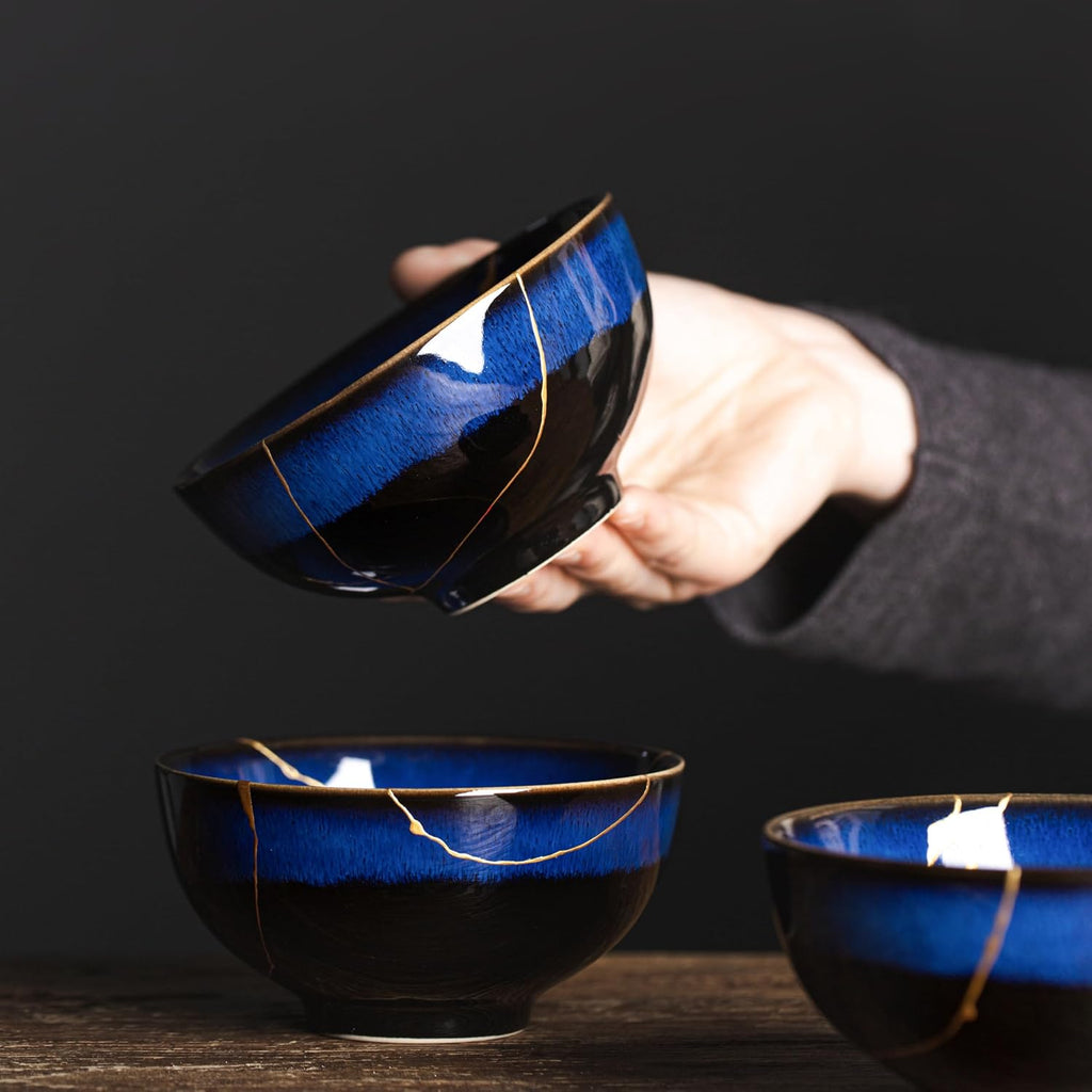Kintsugi Bowl with 24K Gold, Handmade Blue Ceramic Wabi Sabi