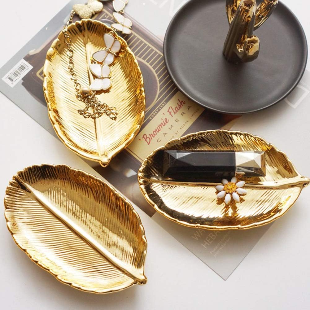 Lependor Golden Leaf Shaped Small Ceramic Jewelry Ring Dish Necklace Bracelet Holder Tray Organizer, Ceramic Decorative Trinket Dish for Wedding Party Woman Girl -Small Gold Leaf