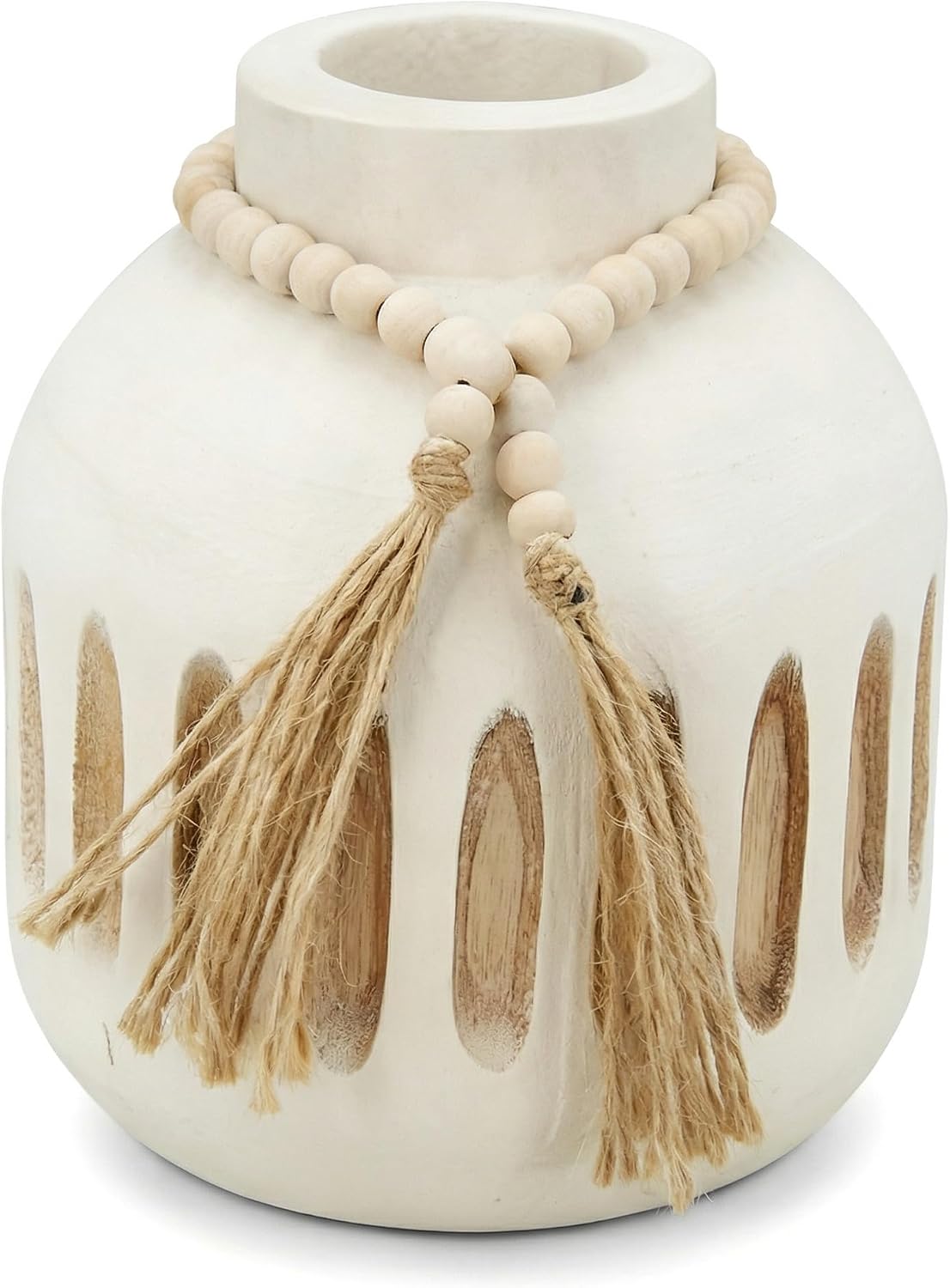 Handmade Wooden Vase with Decorative Beads and Tassels