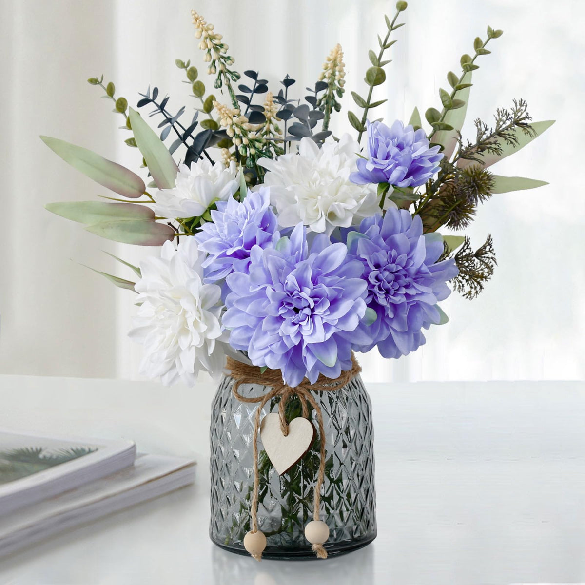 Leftover Fake Flowers with Vase,Silk Dahlia Flowers,Artificial Flowers in Vase,Centerpiece Table Decorations,Flower Centerpieces for Tables,Kitchen Table Decor,Coffee Table Decor