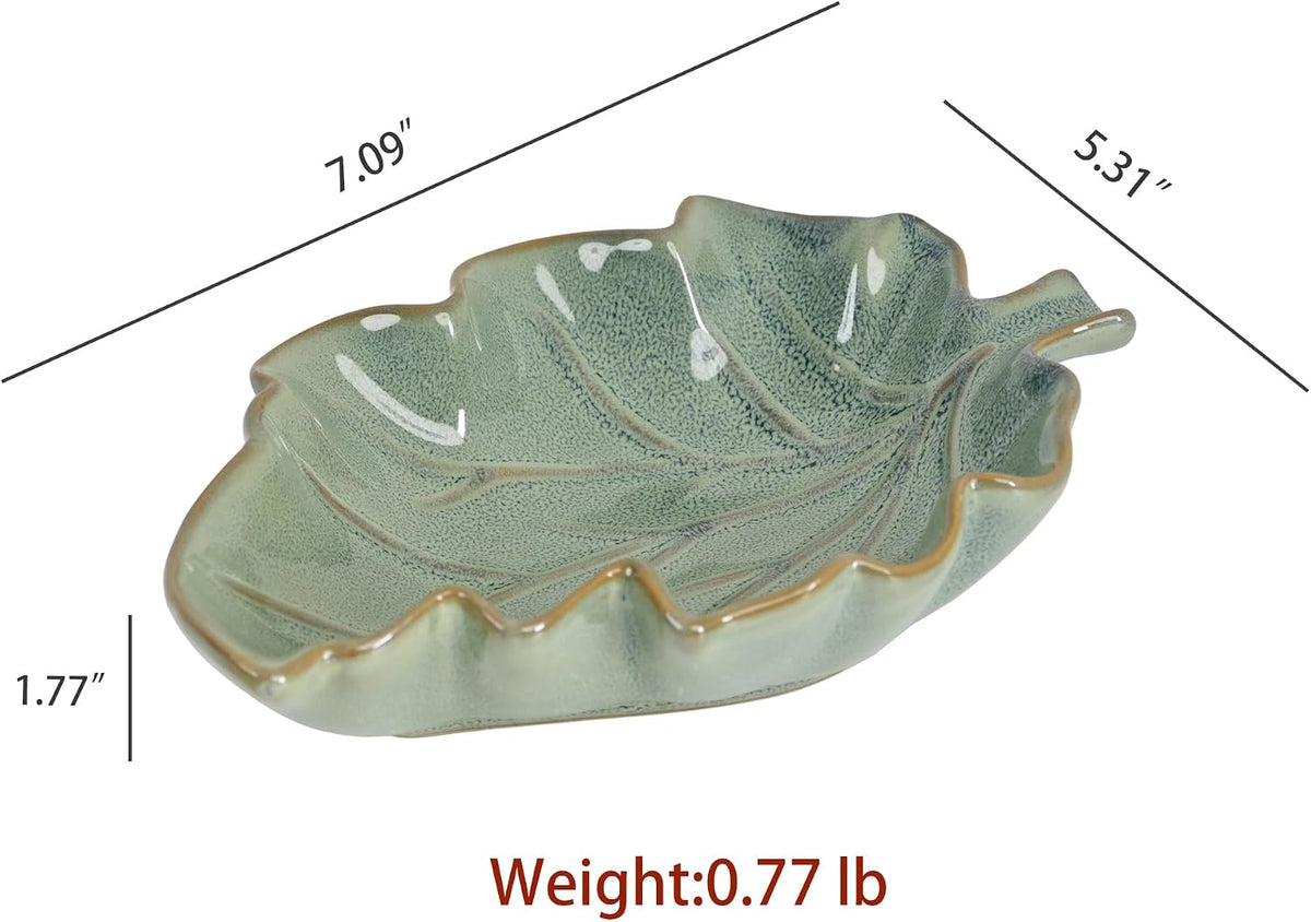 Ceramic Leaf Shaped Dish 7.1" x 5.3" Small Decorative Tray for Jewelry, Soap, Keys, Snacks, Green Glazed Leaf Bowl for Bathroom Vanity, Kitchen Counter, Boho Farmhouse Home Decor