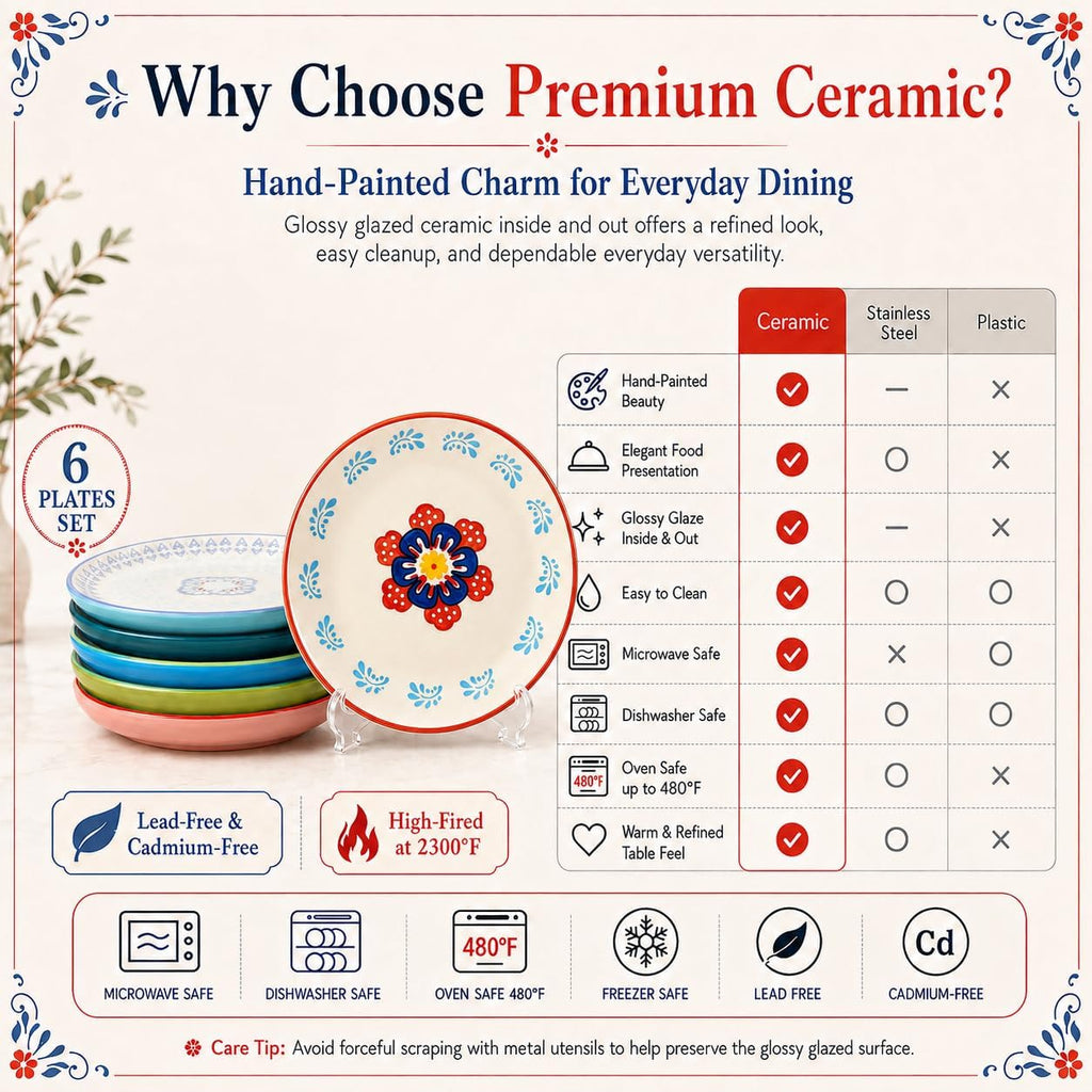 UniqueLife CINAIMPRESSION Hand Painted Ceramic Plates Set of 6, 6 Inch Mixed Design Dessert Plates