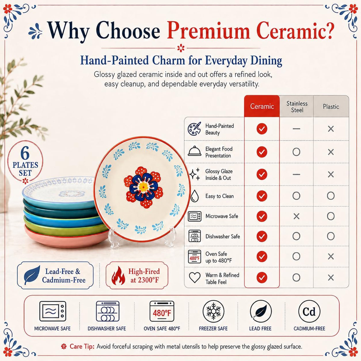 UniqueLife CINAIMPRESSION Hand Painted Ceramic Plates Set of 6, 6 Inch Mixed Design Dessert Plates