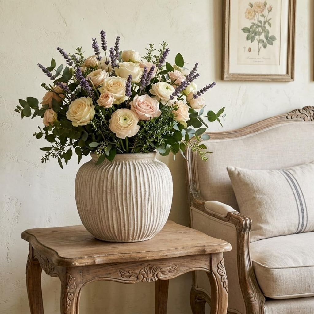 Oakrain Large Rustic Decorative Vase, 9" Distressed White Round Floor Vase