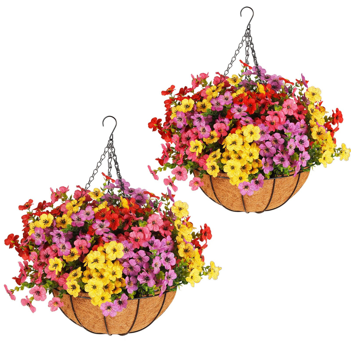 Artificial Outdoors Flowers with Hanging Basket, UV Resistant Fake Hanging Flowers for Spring Summer Decoration, Faux Silk Plants with Planters for Porch Home Patio Balcony Yard (Rose Red, Purple)