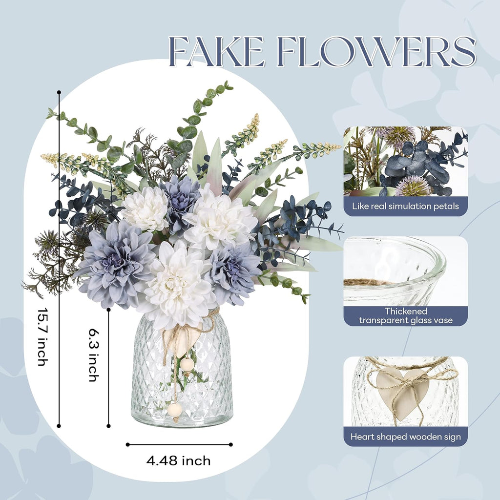Der Rose 15" Navy Blue Fake Flowers in Glass Vase