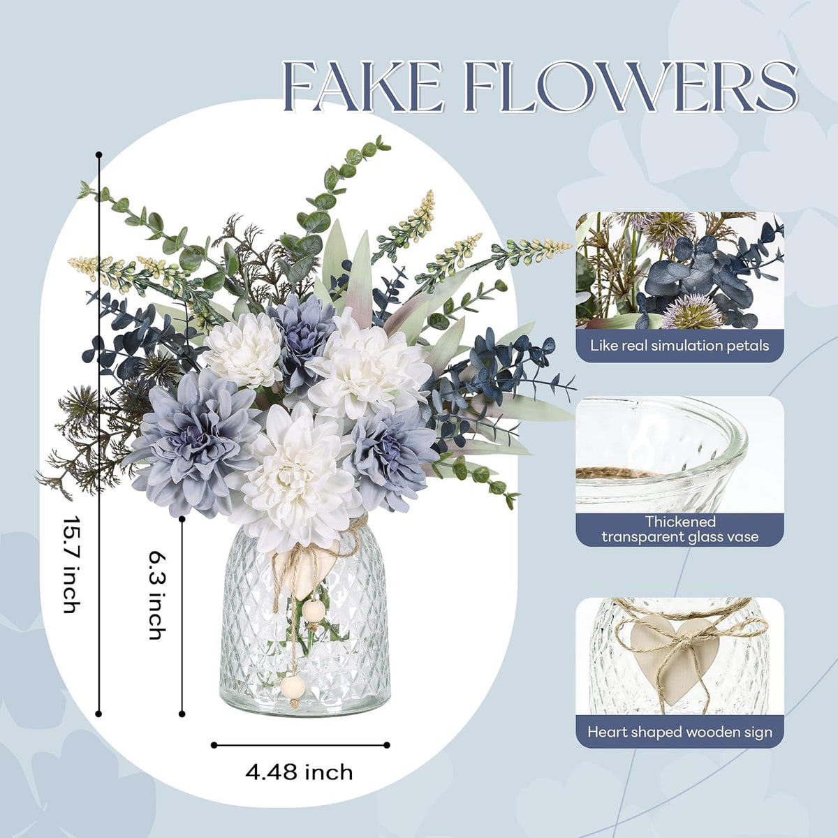 Der Rose 15" Navy Blue Fake Flowers in Glass Vase