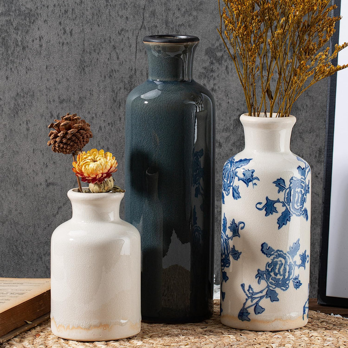 Ceramic Vintage Vase Set of 3, Green and White Crackle Glaze, Chinoiserie Floral Decor for Farmhouse Shelf, Table Centerpiece, Mantel, Living Room & Office