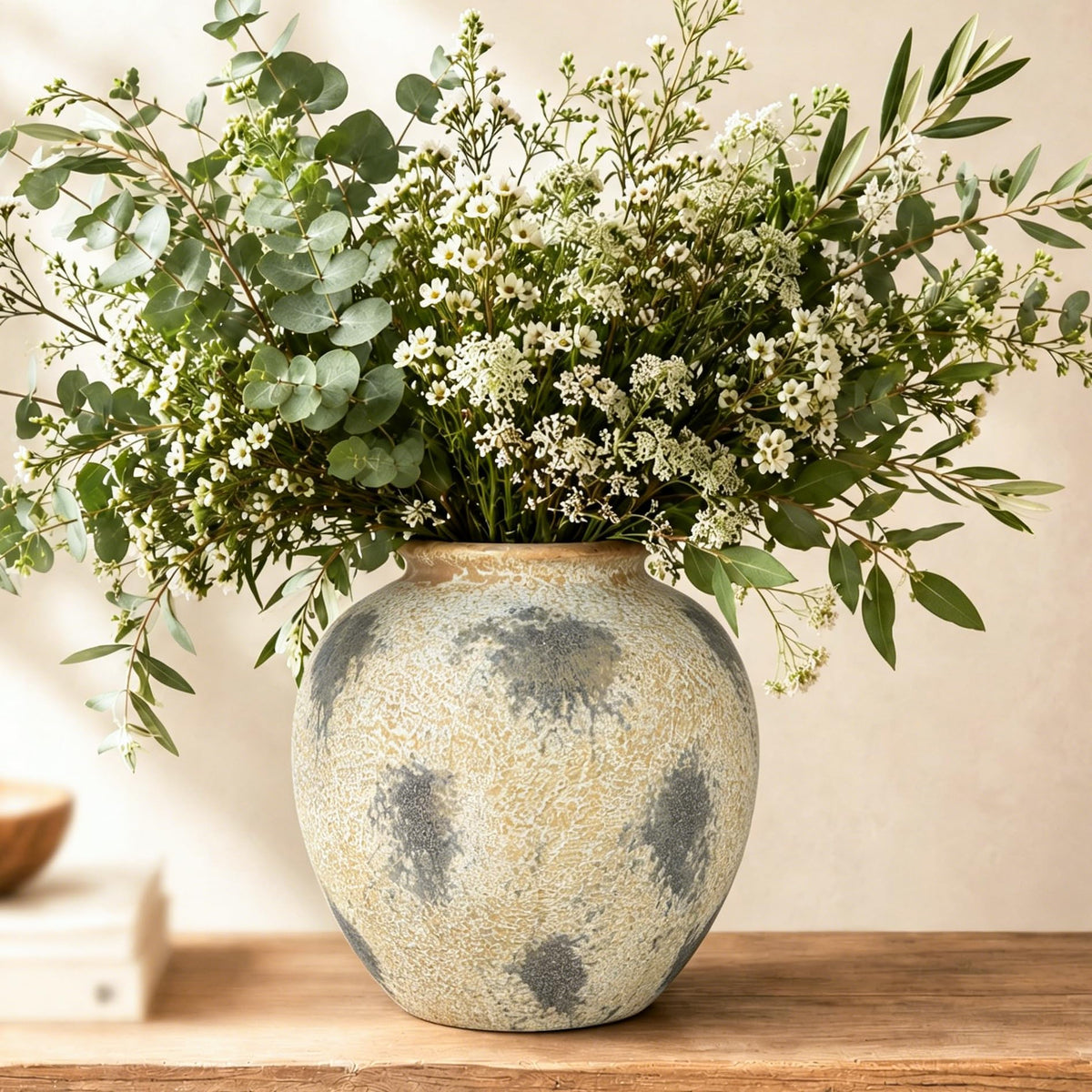 Cream Ceramic Flower Vase Speckled Bubble Glaze Home Decor