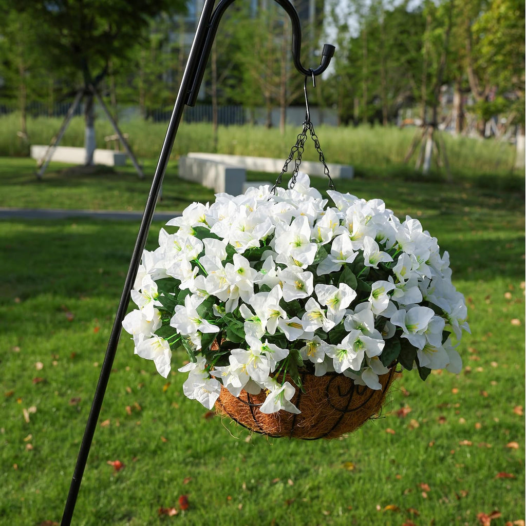 Artificial Hanging Flowers Faux Plants Basket for Outdoors Fall Winter Decor, Fake Silk Bougainvillea in Planter Outdoor Look Real UV Resistant Faux Flower for Outside Porch Patio Garden Home, White
