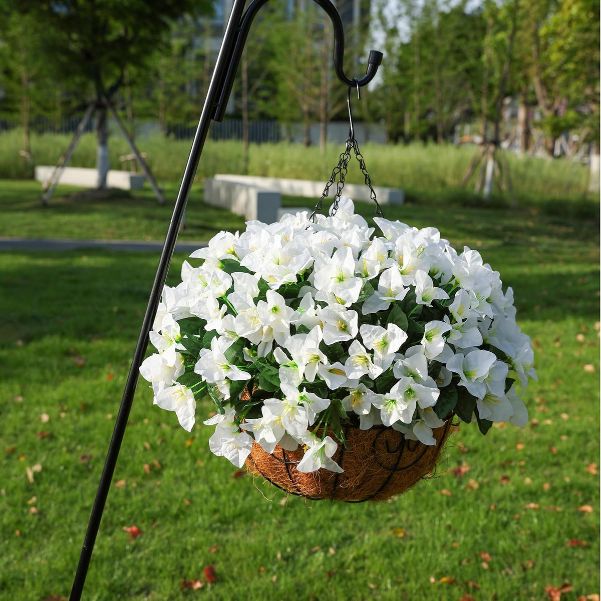Artificial Hanging Flowers Faux Plants Basket for Outdoors Fall Winter Decor, Fake Silk Bougainvillea in Planter Outdoor Look Real UV Resistant Faux Flower for Outside Porch Patio Garden Home, White