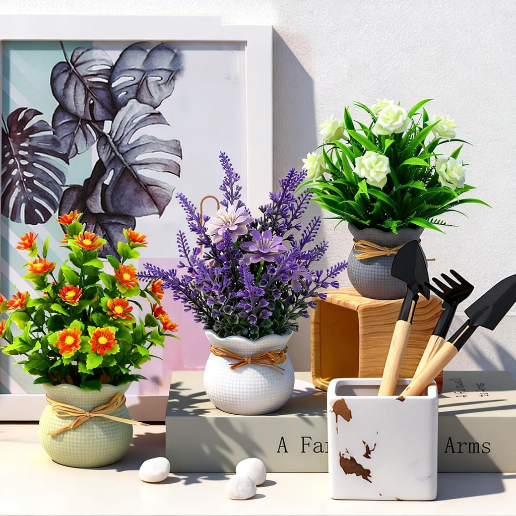 Yoratee 6PCS Artificial Flowers Pot Small Fake Plants with Mini Potted Plants for Home Office Tabletop Centerpiece Decoration