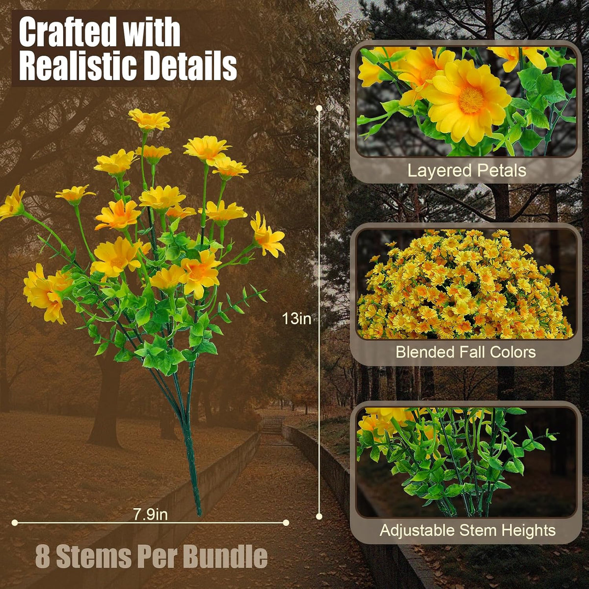 alyptus Fake Flowers Yellow Fall Flowers for Outdoors - 8 Bundles Artificial Mums UV Resistant for Home Garden Window Fall Decor