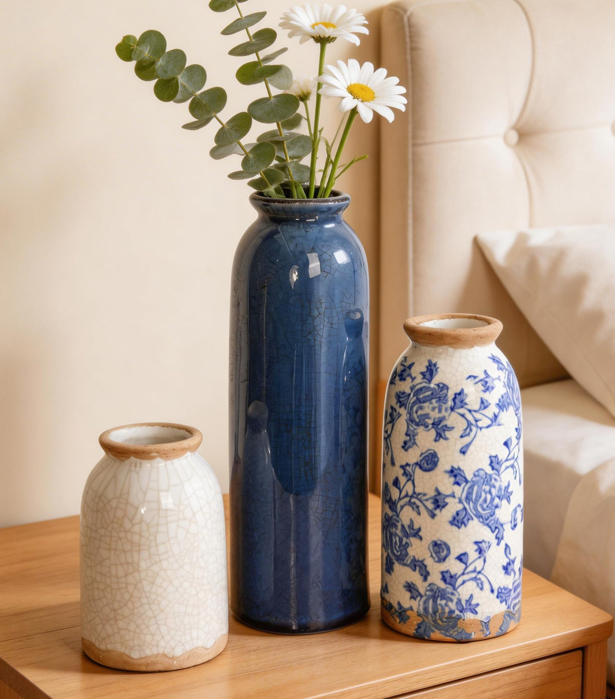 Vintage Ceramic Vase Set of 3, Flower Small Chinoiserie Vase Rustic Modern Farmhouse Centerpiece Decorative Pottery Vases for Table Mantel Entryway Bookshelf Living Room Kitchen Home Decor