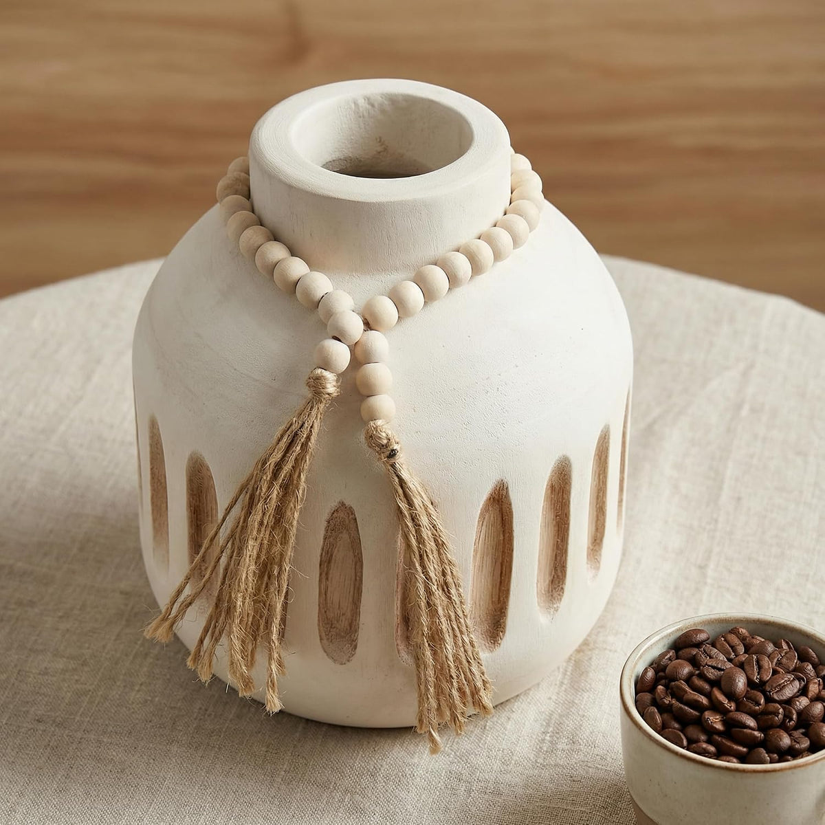 Handmade Wooden Vase with Decorative Beads and Tassels