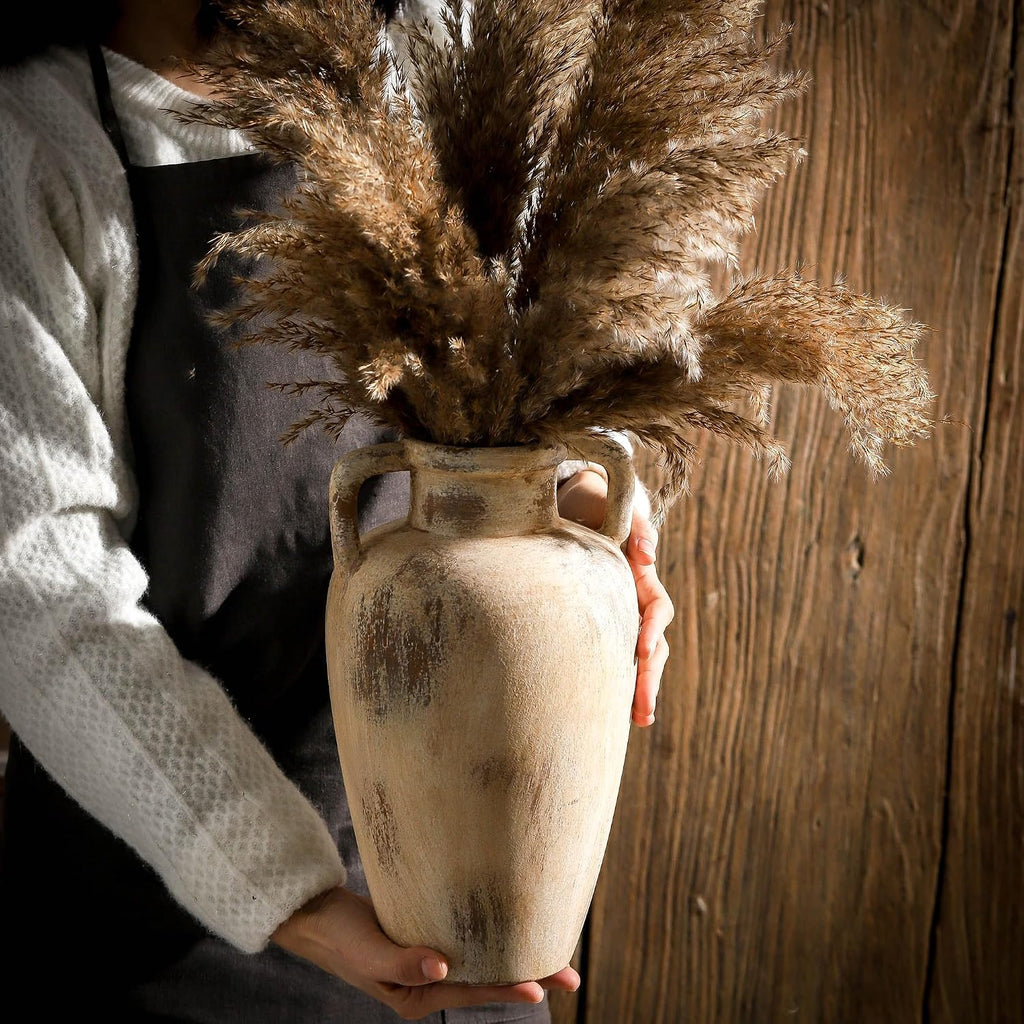 Ceramic Flower Vase, 11.41 Inch Tall Farmhouse Vase with Handles