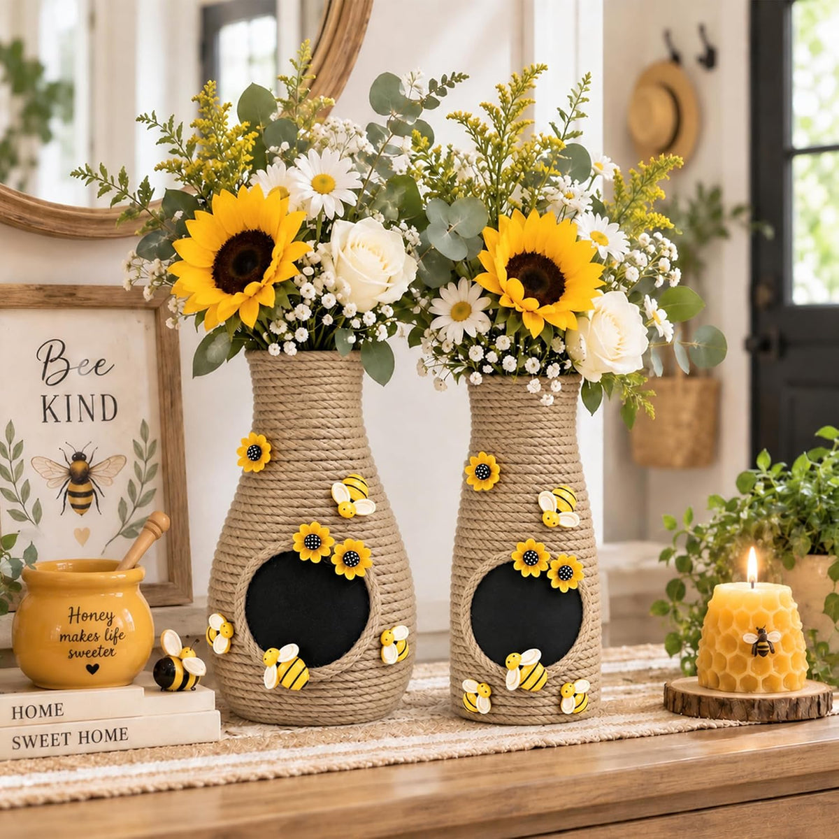 2 Pcs 8 in Honeybee Vase Decor, Rustic Jute Rope Bee Hive Centerpieces