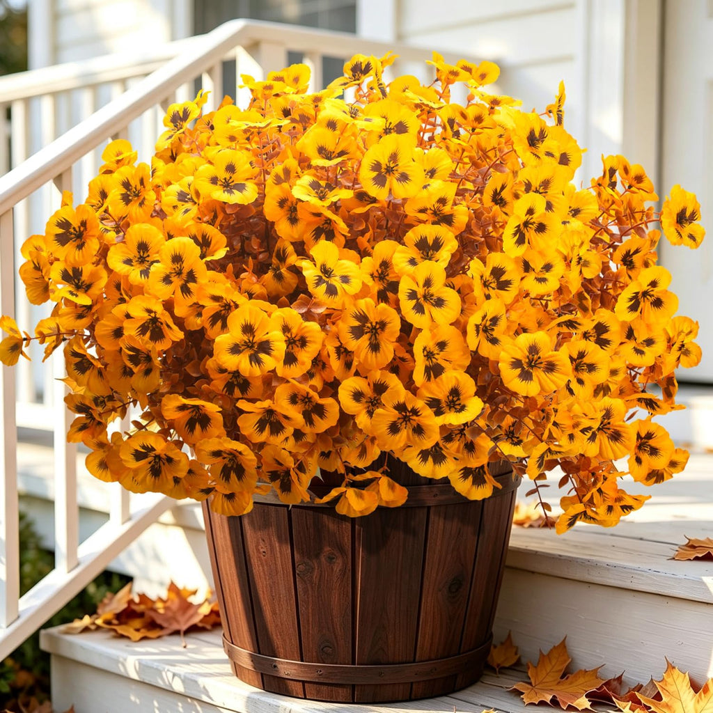 16 Artificial Pansy Faux Fall Flowers Outdoor UV Resistant No Fade Yellow