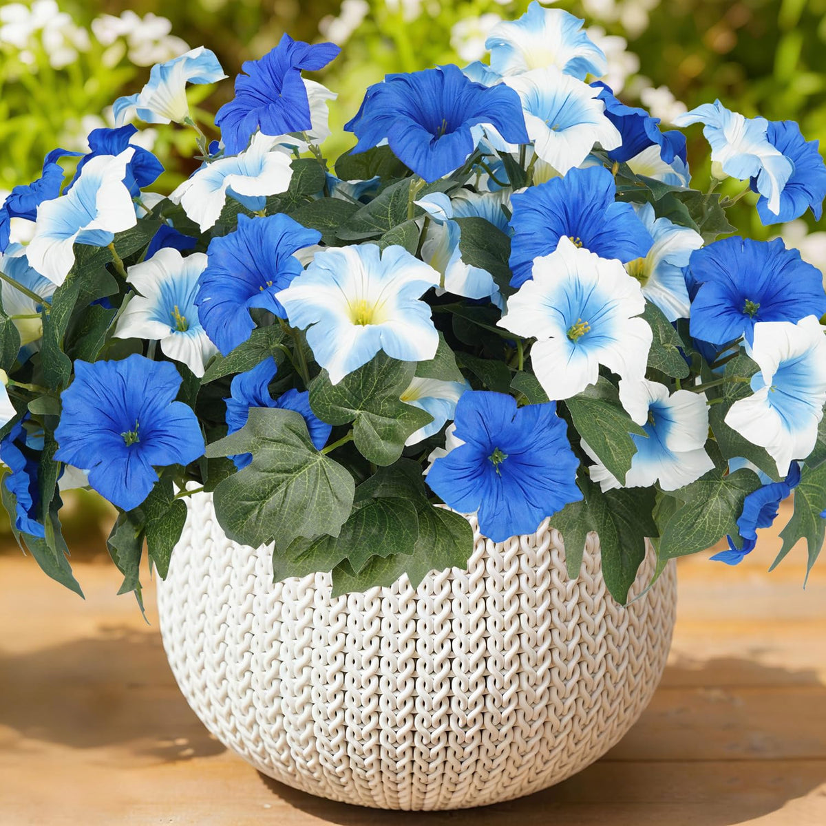 Artificial Flowers for Outdoors, Faux Morning Glory Spring Summer Decoration, Fake Flowers Plants UV Resistant Look Real Silk Flowers for Outside Planter Front Door Porch Patio Yard (12, Purple-White)