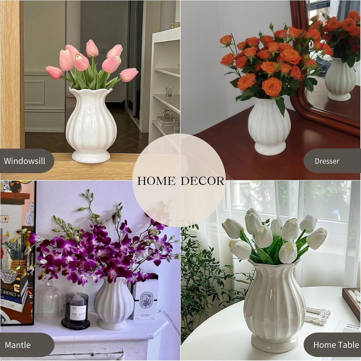 White Ceramic Flower Vase for Modern Home Décor, 7.5 Inch