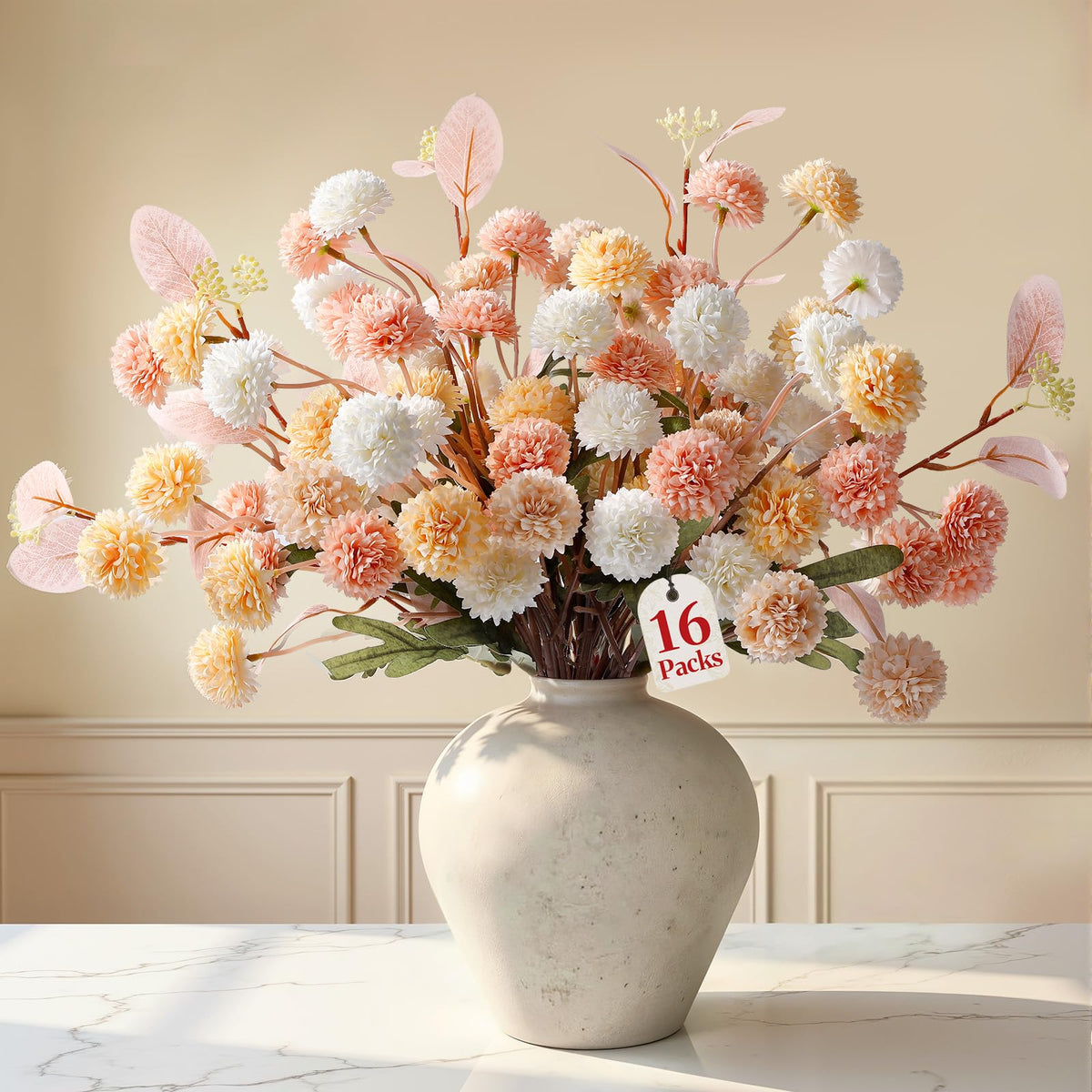 Alupssuc 16 Pcs Faux Silk Mums with Eucalyptus, Fake Chrysanthemum for Vase