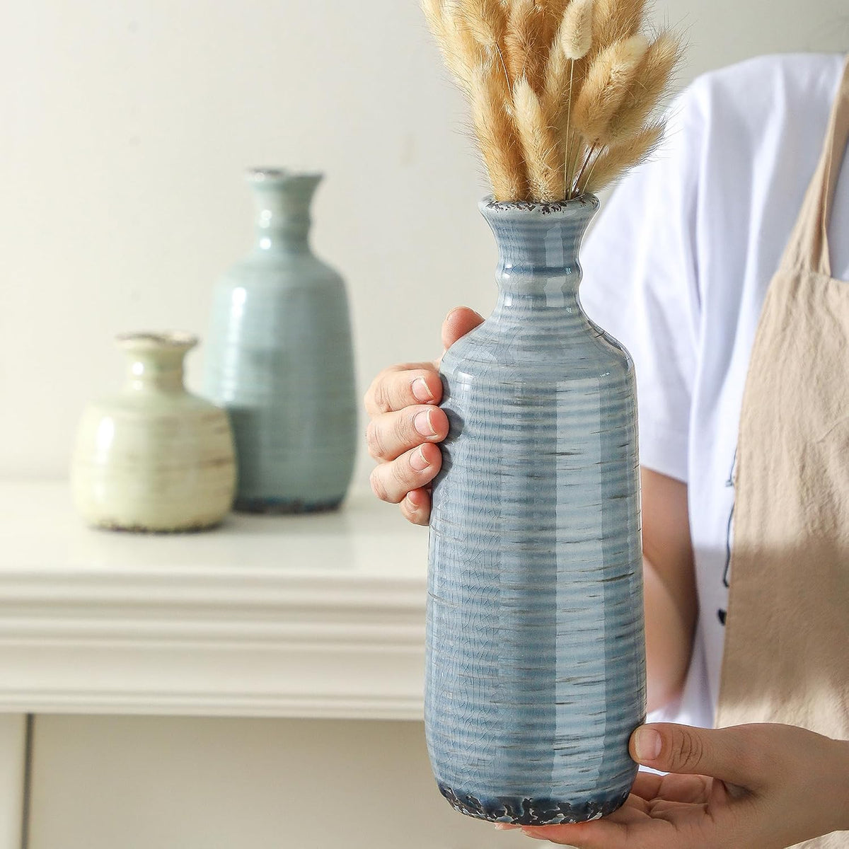 Ceramic Vase Set of 3, Rustic Neutral Vases Home Decor Farmhouse Decorative Flower Vase Modern Boho Pampass Vases for Table Mantel Entryway Shelf Living Room Kitchen Bathroom - Multicolor