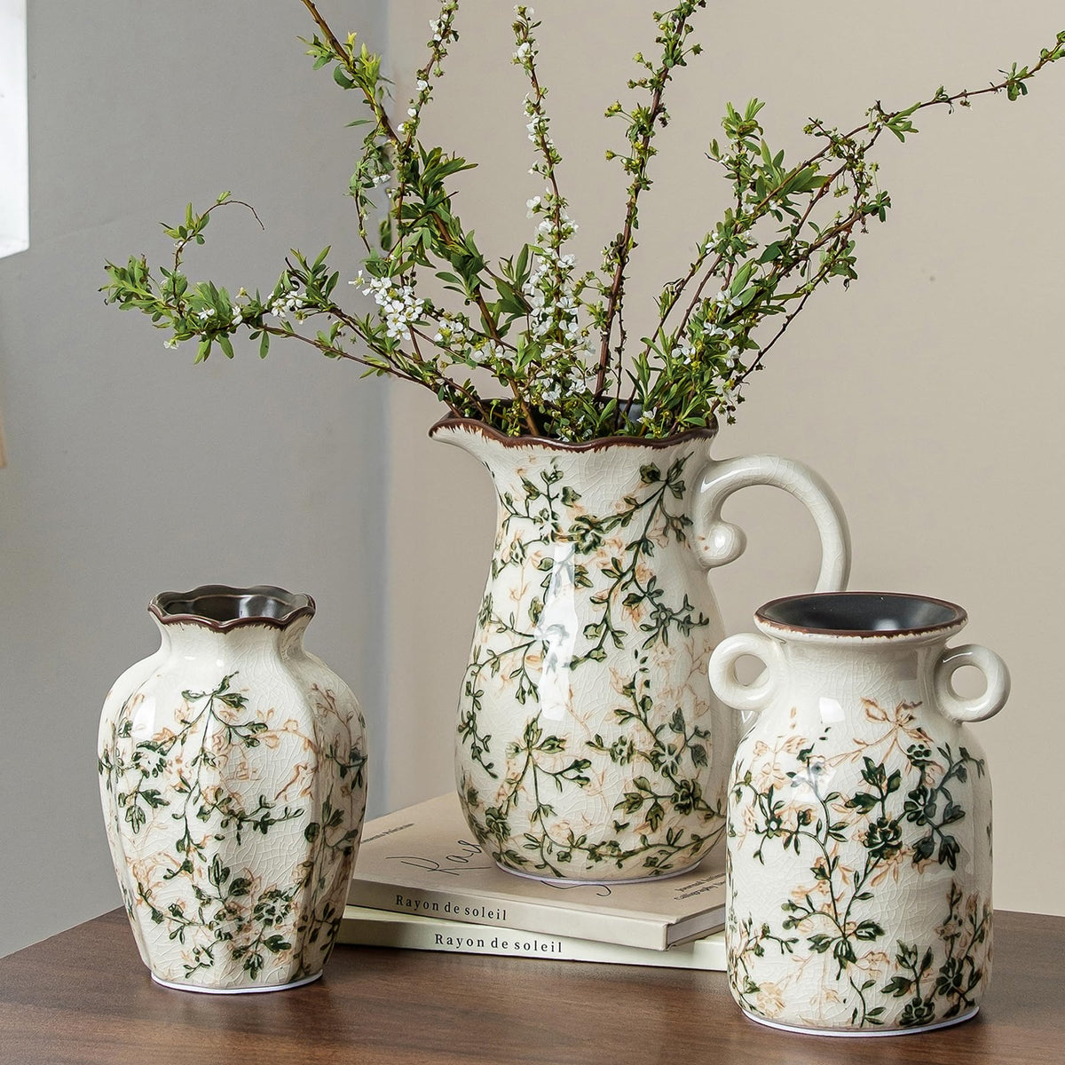 Ceramic Flower Vase for Home Decor, Vintage Green Decorative Vase 6.7 Inch