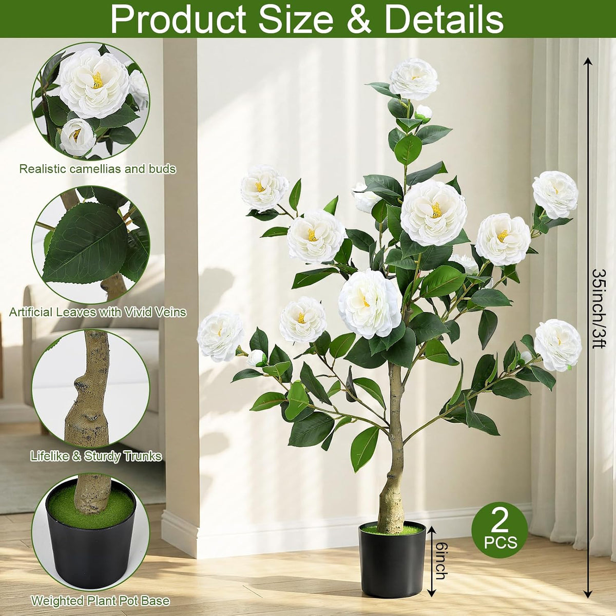 2 Pack 3FT Artificial Camellia Trees with White Flower for Outdoor