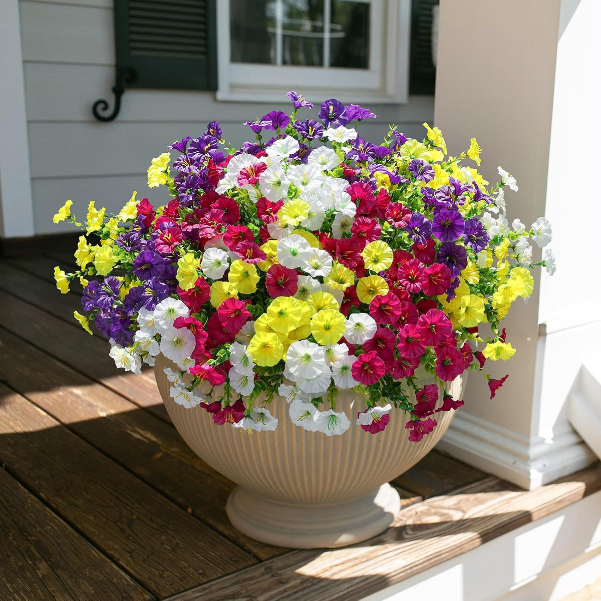 HyeFlora Artificial Flowers for Outdoors Fake Plants Outside Decoration, 12 Bundles Silk Colorful Morning Glory with Eucalyptus UV Resistant Realistic Faux Flowers for Planter Front Door Garden Yard